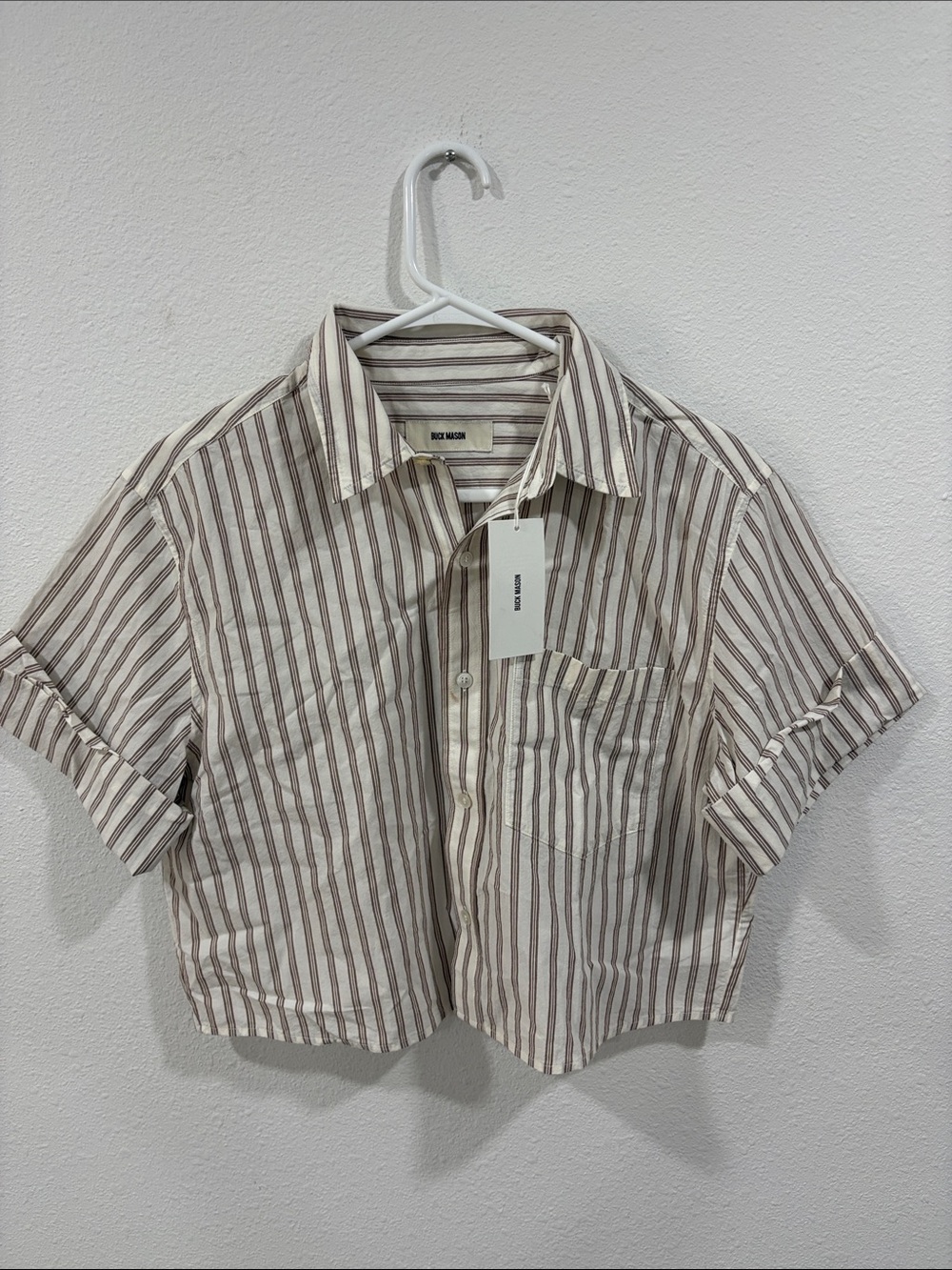 Buck Mason Womenโs Stripe Mainstay S/S Crop Top Natural Brown Reef Shirt NWT